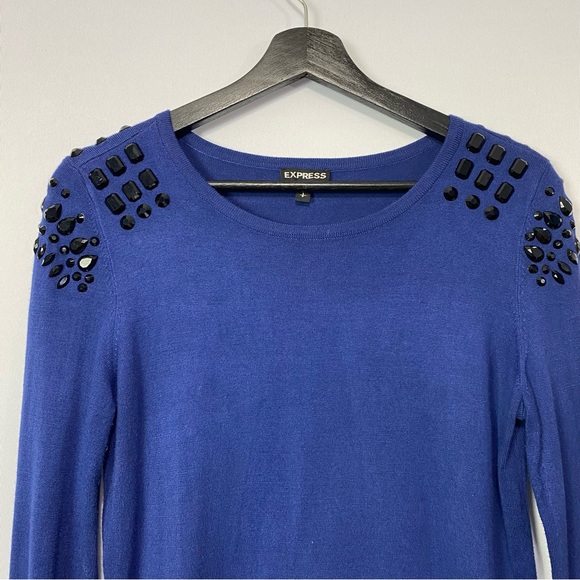Express-Dark Blue Black Gem Studded Shoulder Crew Neck Sweater Sm - Picture 2 of 7